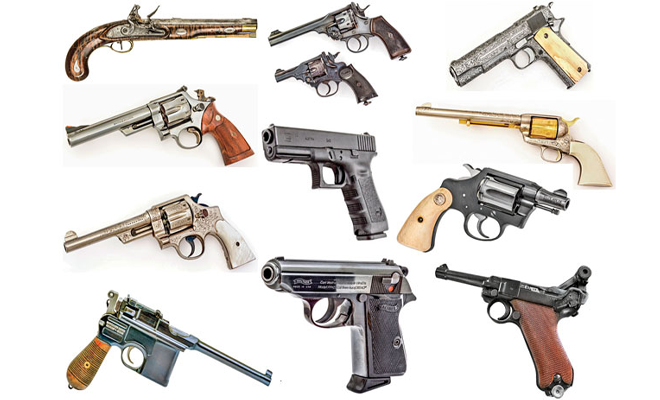 A layout of historical handguns.