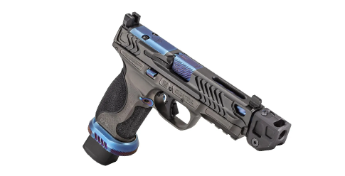 A high-end black handgun with blue accents.