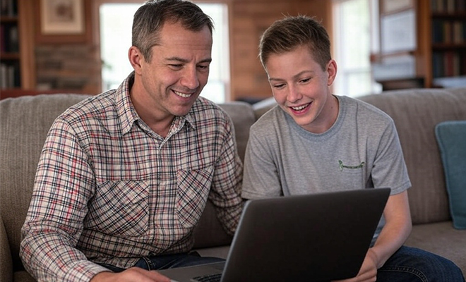 A happy father and son sitting on a couch looking at a laptop.