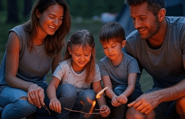 A family roasting marshmallows while camping.