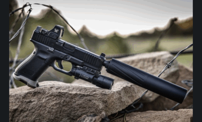 A handgun with a suppressor.
