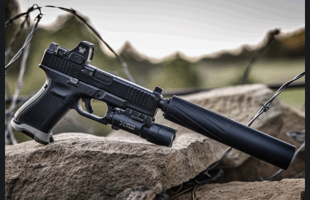 A handgun with a suppressor.