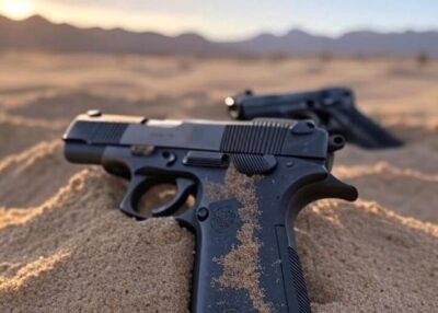 A handgun in the sand.