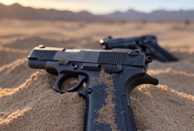 A handgun in the sand.